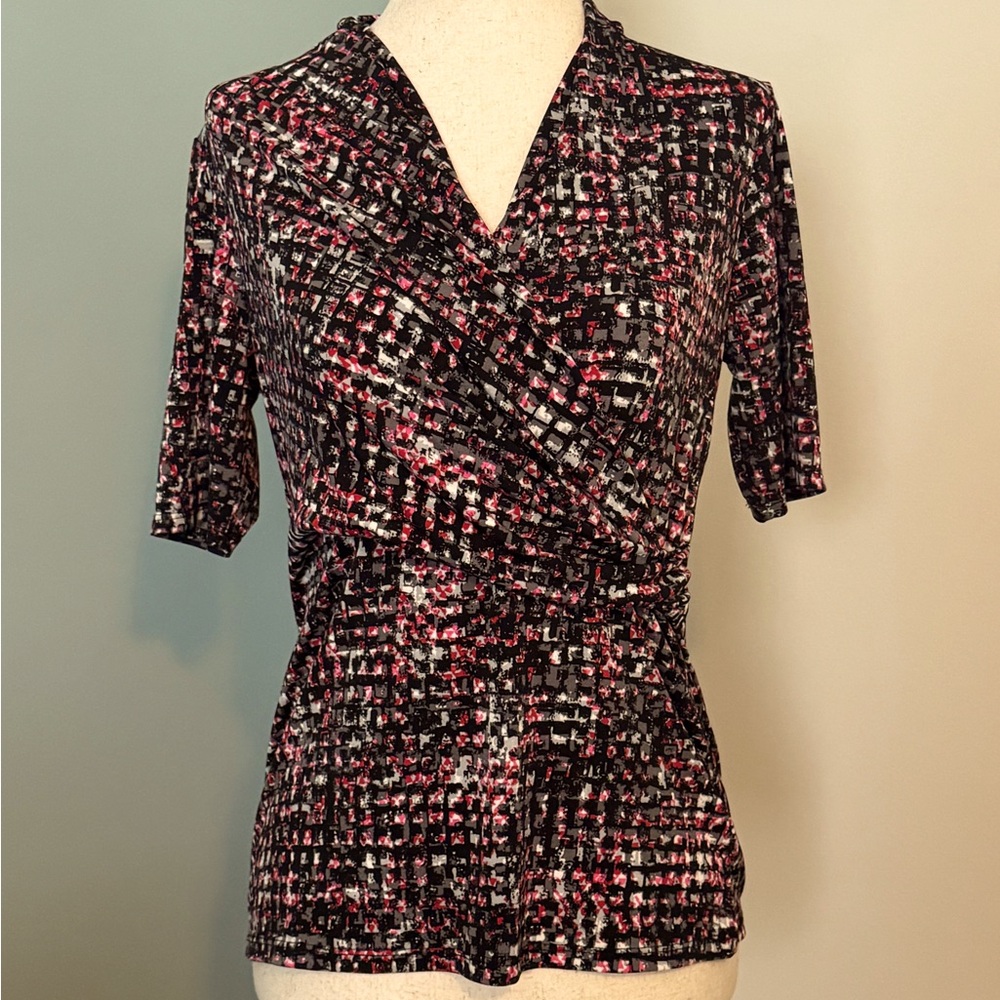 Ladies Liz Claiborne Petite Small - pink, black and white dress shirt.
